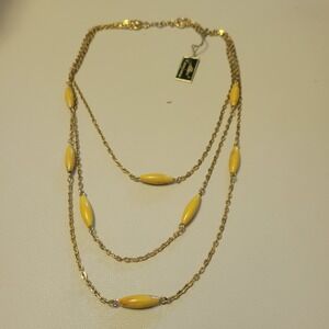 Vintage Alice Caviness Signed Triple Strand Yellow Beaded 16" To 20" Length Tag